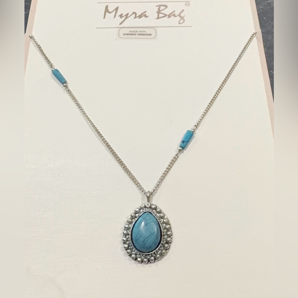 Myra Bag Turquoise and Silver Pendant Necklace New